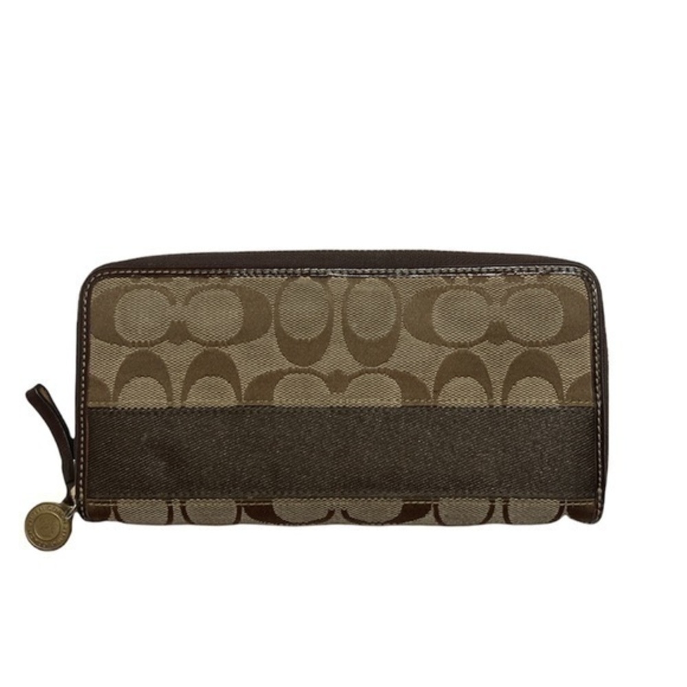 Coach brown khaki signature striped zipper clutch wallet